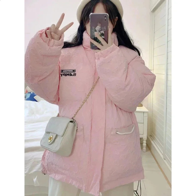 Winter Love Bread Down Jacket Womens Harajuku Fashion Leisure Multi functional Pocket Zipper Thickened Bracket Collar Cotton Jacket 240926