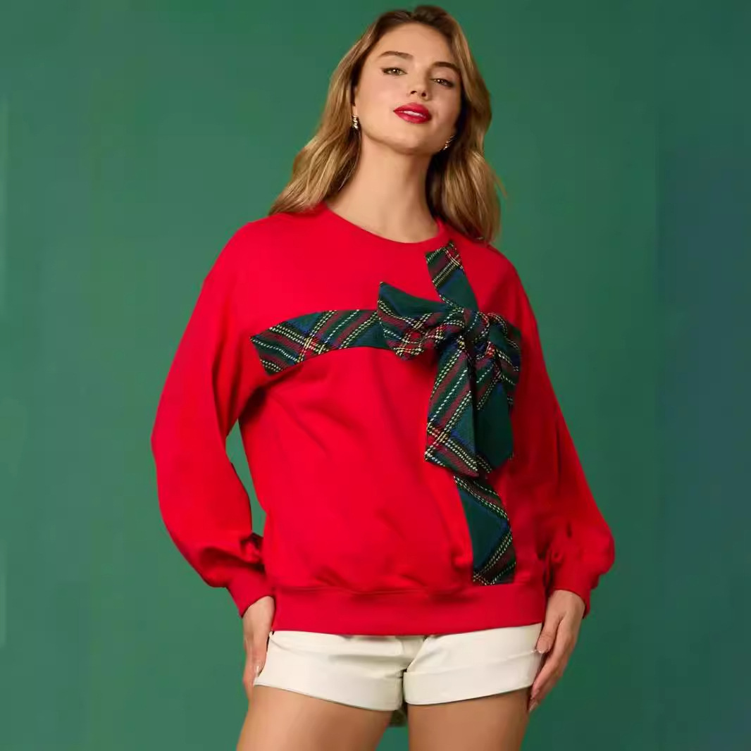 2024 Autumn/Winter Big Bow Hoodie Printed Long Sleeve Shirt for Women