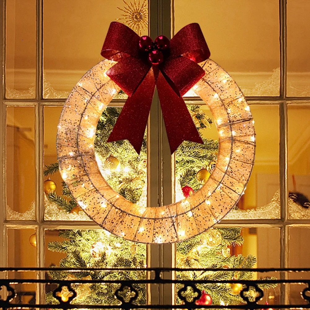 Lighted Christmas Front Metal Xmas Wreath with Light Battery Operated for Home Decor Wall Door Party Holiday 240929