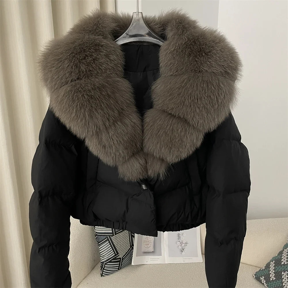 Women Short Puffer Jacket Thick New Big Natural Real Fox Fur Autumn Winter Female White Duck Down Coat Feather
