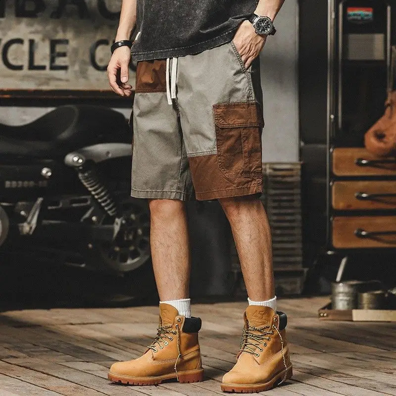 Mens cargo shorts retro brushed mens shorts loose stitching plus size width oversized pockets stretch six fold Whate Y2k 240929