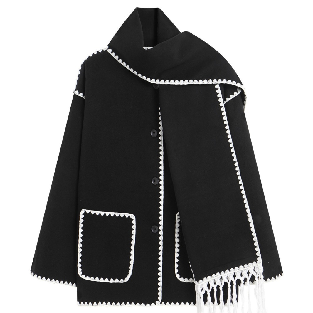 2024 autumn/winter new european and american women's fashion woolen coat thickened loose with scarf tassel women's style