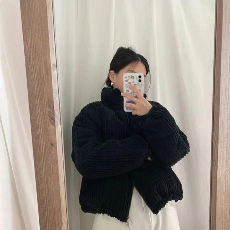 Winter Corduroy Crop Puff Jacket Womens Y2K Korean Fashion Solid Warm Leisure Park Womens Loose Preparatory Vertical Collar Jacket 240924
