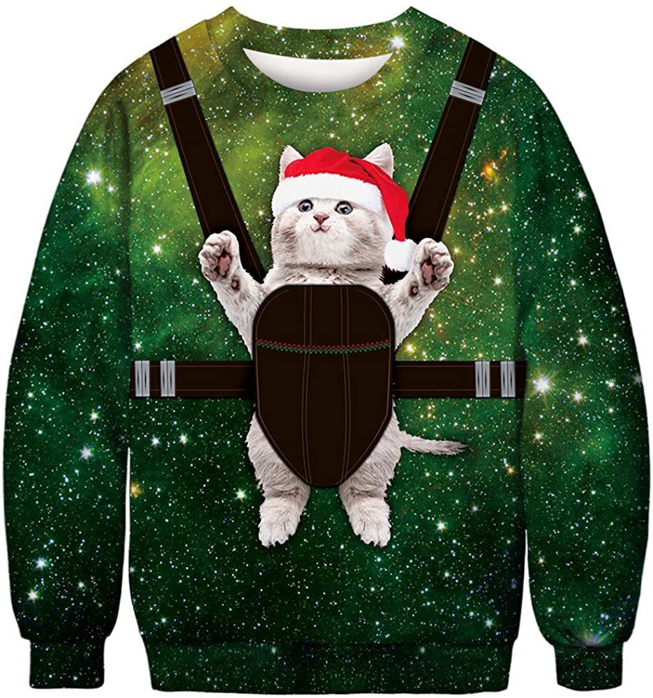 Halloween Animal Cat Meow Star 3D Digital Full Color Printed Men's Long Sleeve Pullover Sweater