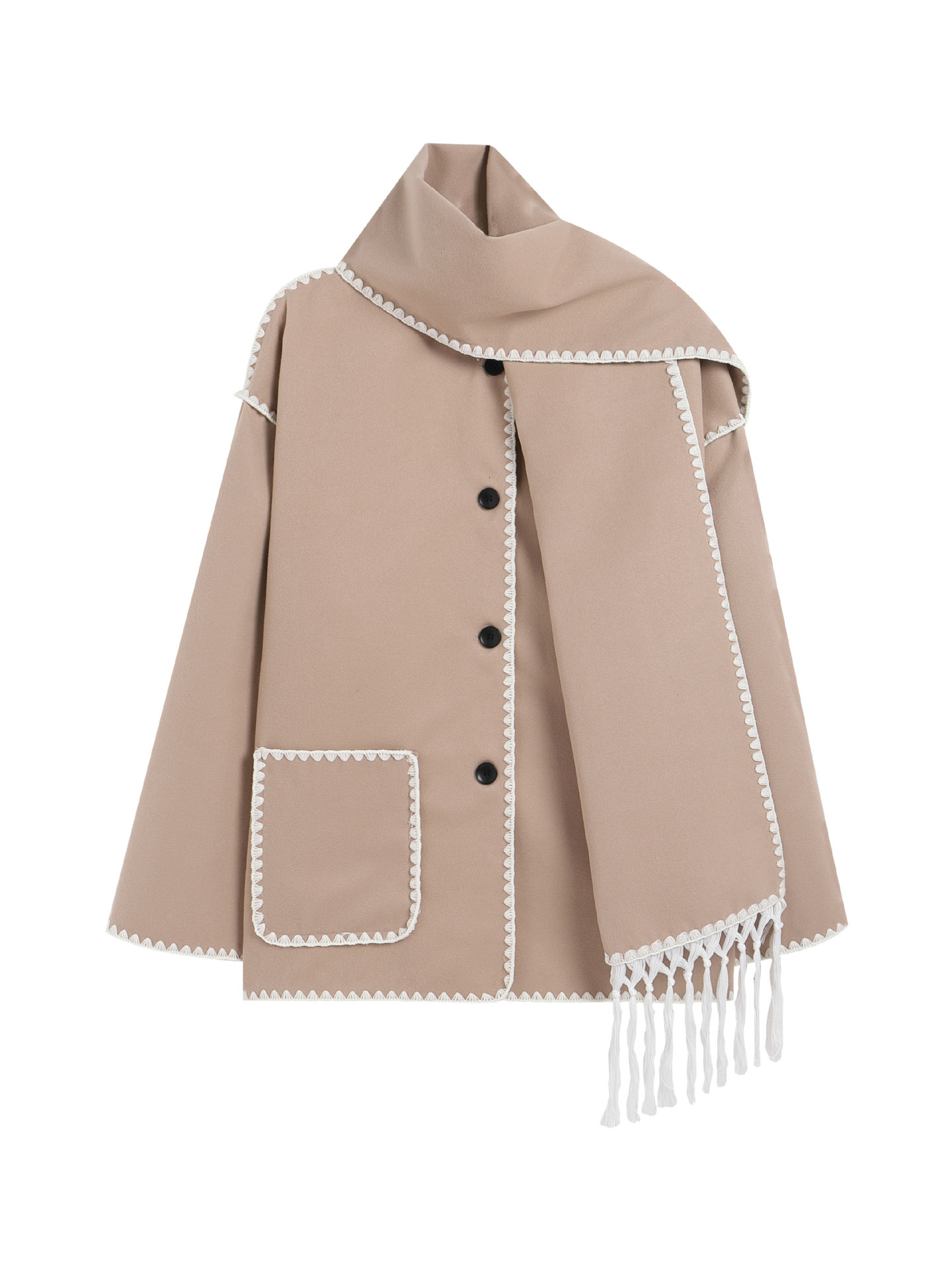 Lanjia- 2024 Autumn/Winter New European And American Fashion Woolen Coat Thickened Loose With Scarf Tassel Women's Style 22708