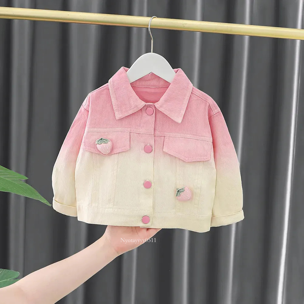Vestes Mabet de jean dégradé pour filles Appliques de fraises Collier de revers One Greasted Kids Jean Veste paillette de lapin