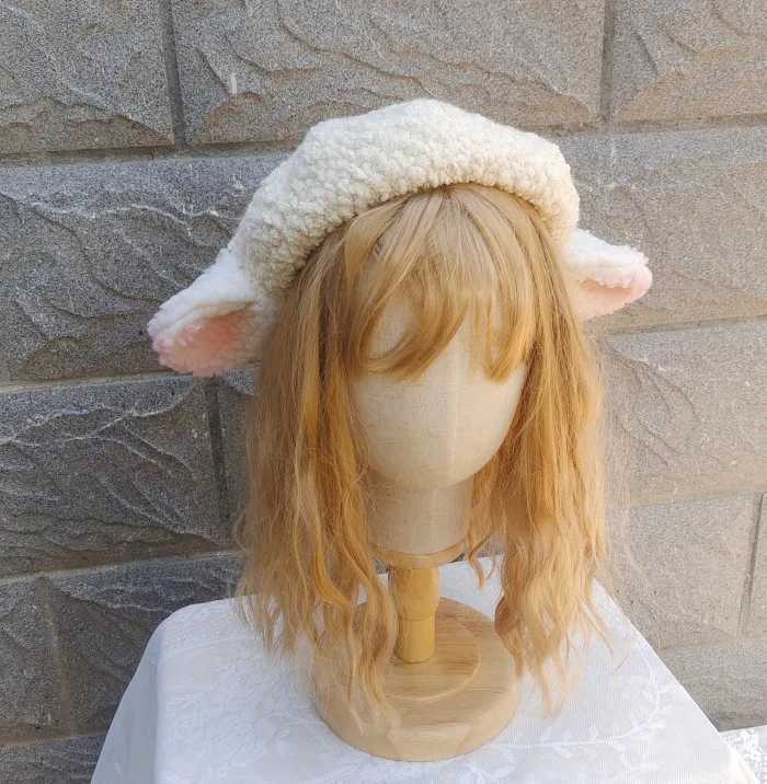 Original handmade cute Lolita lamb ears for autumn and winter beret milk white hat W240928