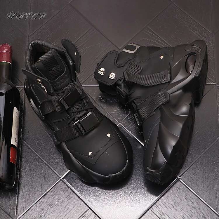 High Top Men's Chunky Sneakers - Genuine Leather, Air Hot Cushion, Platform, Casual, Height Increasing - Leather, Cushion, Platform, Casual,