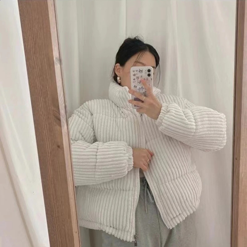 Winter Corduroy Crop Puff Jacket Womens Y2K Korean Fashion Solid Warm Leisure Park Womens Loose Preparatory Vertical Collar Jacket 240924