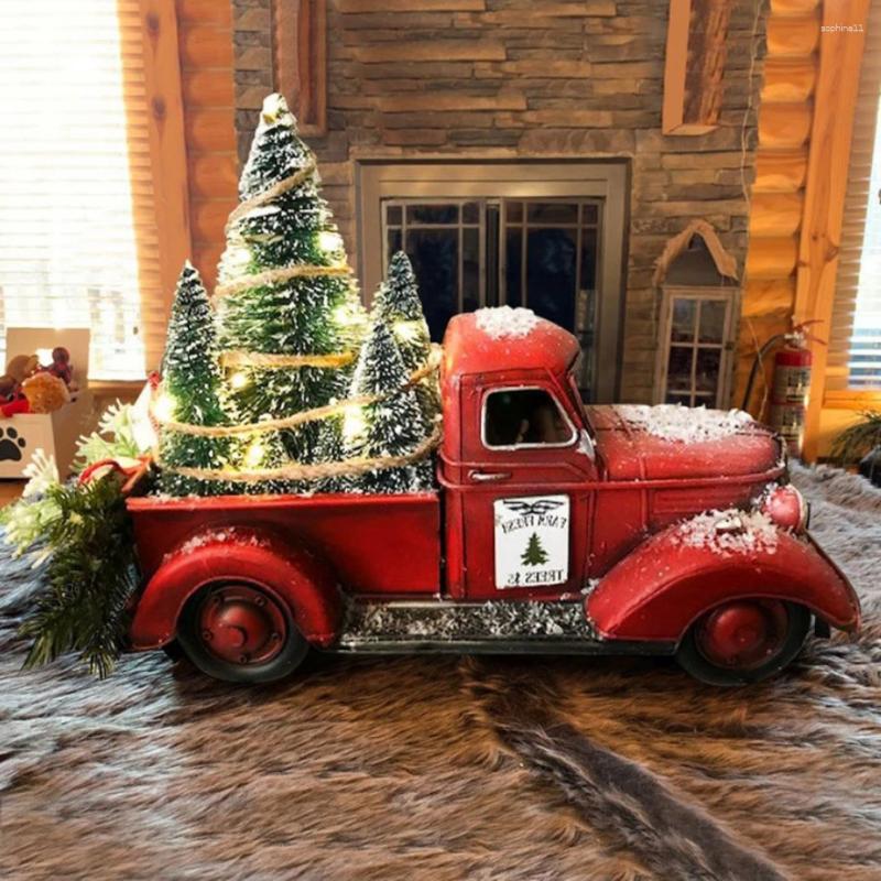Christmas Decorations Vintage Red Truck Decorative Ornaments With Mini Tree Retro Farmhouse Crafts For Holiday