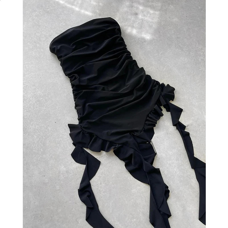 Women Strapless Sexy Floral Fold Hemline High Slit Mini Dress 2024 Solid Backless Sleeveless Black And Pink Party Vestidos 240929