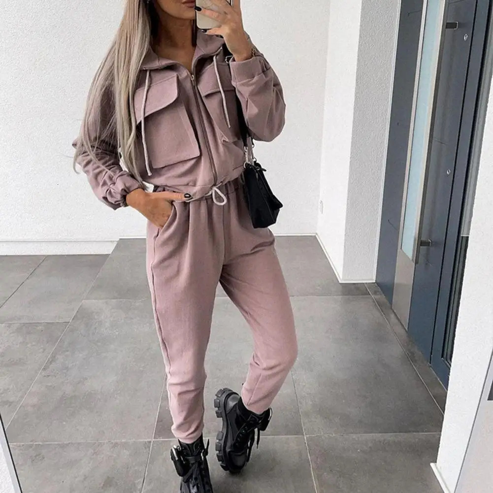 Autumn casual goods womens 2piece set fashionable solid long sleeved zipper jacket pants tight work clothes 240927