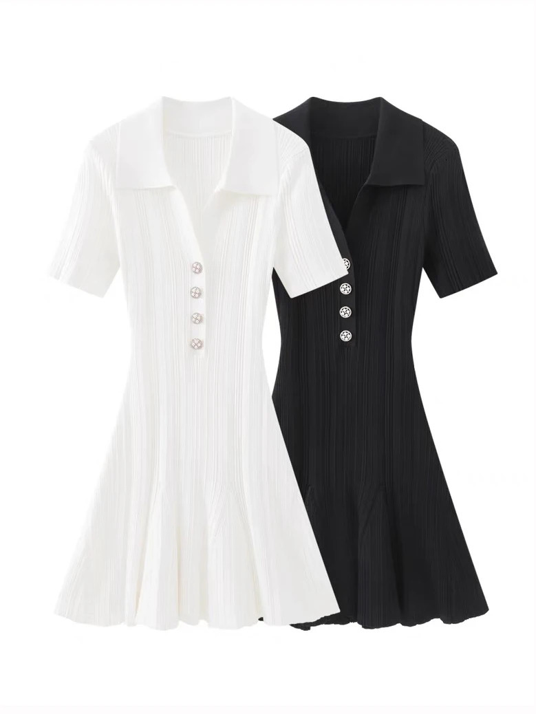 Summer Women;s Turn Down Collar Short Sleeve Knitted Dress Slim Fit A-line Diamond Buttons White Dress For Wmen C-050 240921