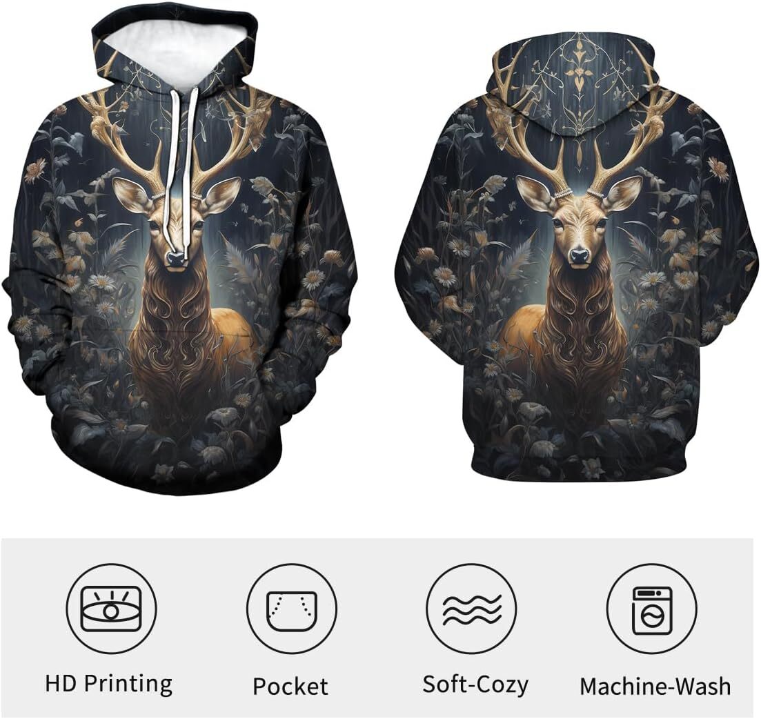 Hoodie for Mens Womens Colorful Dream Aurora Deer Hoodie Hoodies 3D Printing Novelty Forest Animal Sweatshirts Pullover,Grey Graphic Hoodies sweatshir
