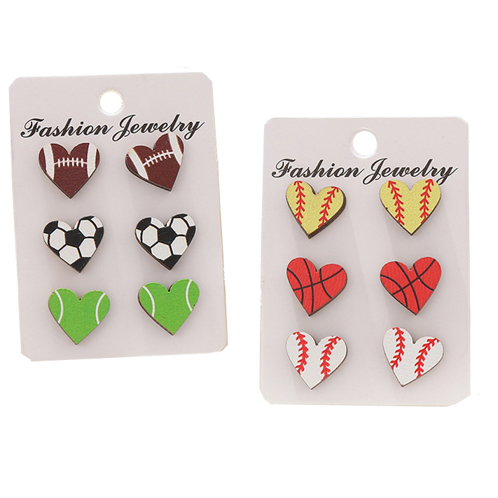 Heart Sports Stud Baseball Earrings Rugby Football Basketball Wooden Stud Fashion Accessories Gift