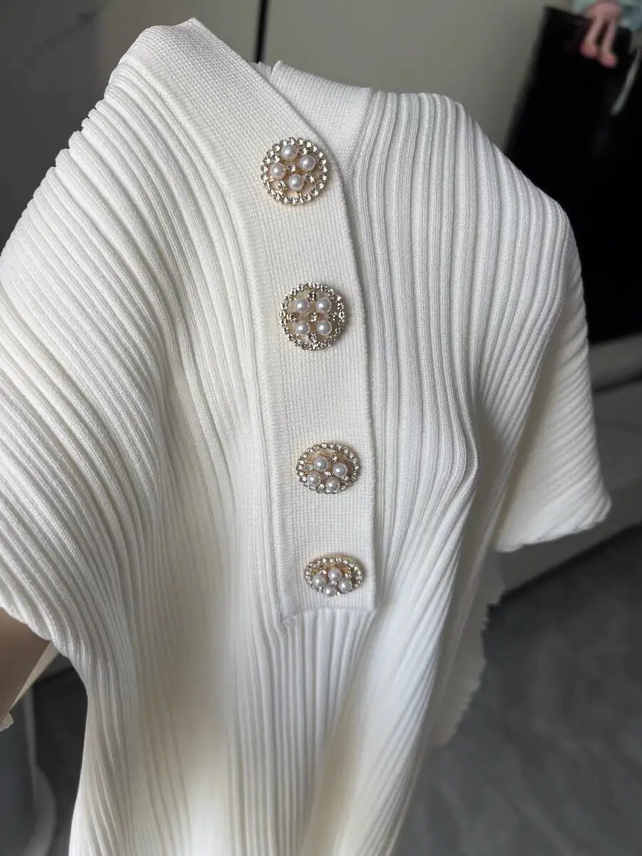 Summer Women;s Turn Down Collar Short Sleeve Knitted Dress Slim Fit A-line Diamond Buttons White Dress For Wmen C-050 240921