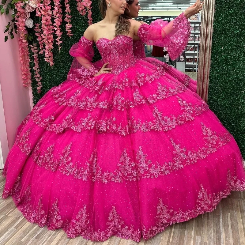 Rose Red Off The Shoulder Quinceanera Dresses Ball Gown Sequin Lace Applique Beading Tull Tiered Sweet 16 Dress Vestidos De XV 15 Anos