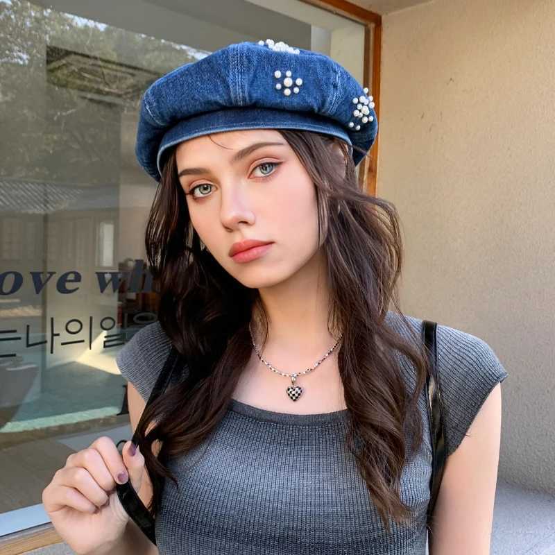 Spring and Autumn Womens Pearl Decorative Denim Beret Outdoor Leisure Artist Hat Travel Shopping Hat MZ1590 W240928