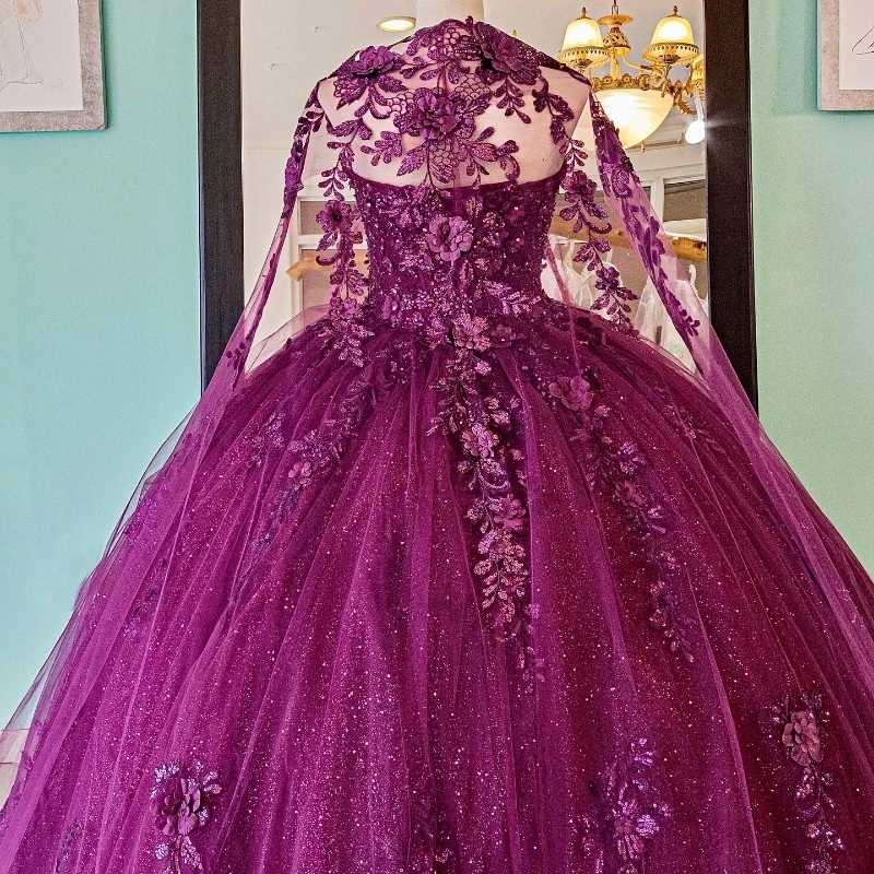 Purple Sparkly Quinceanera Dresses Formal Luxury Party Prom Lace Appliques Beads Tull Sweet 16 Dress Graduation Ball Gwon Vestidos De 15 Anos