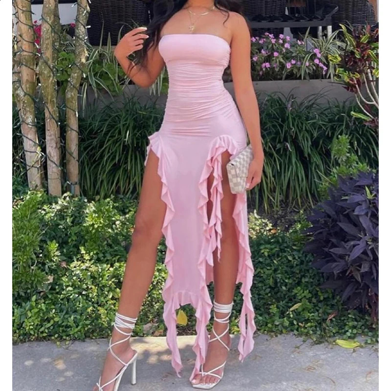 Women Strapless Sexy Floral Fold Hemline High Slit Mini Dress 2024 Solid Backless Sleeveless Black And Pink Party Vestidos 240929