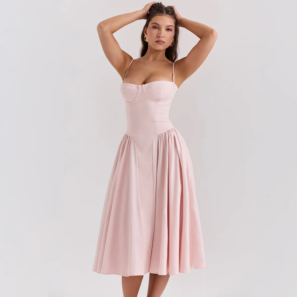 Mingmingxi Elegant Dress for Summer Pink Spaghetti Strap Midi with Pocket Long Party Dresses Holiday Women Clothing 240929
