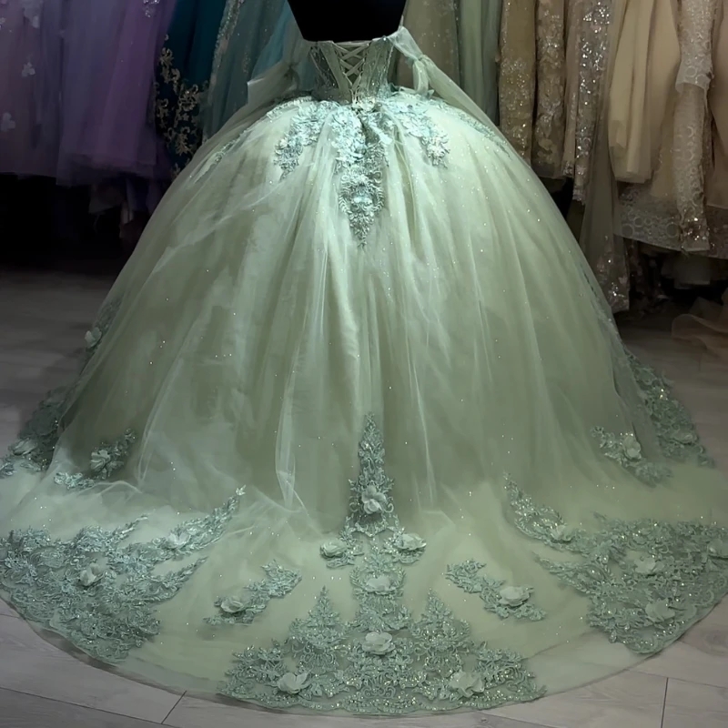 Green Princess Ball Gown Quinceanera Dresses Off The Shoulder 3D Flower Applique Beads Tull Sweet 16 Dress Vestidos De XV 15 Anos