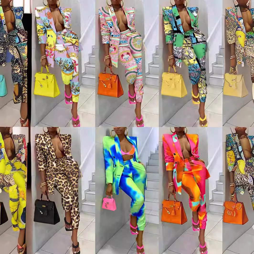 Vintage Women Colorful Tie Dye Blazers Jacket Fashion Ladies Elegant Double Breasted Suits Female Chic Jackets Girls 2107