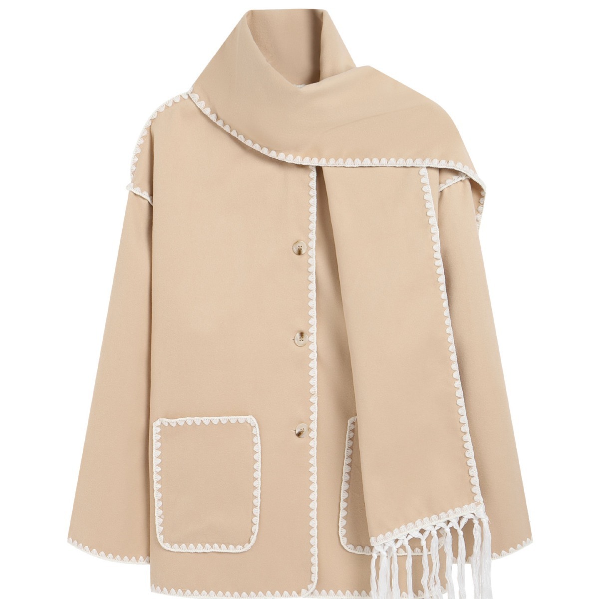 Lanjia- 2024 Autumn/Winter New European And American Fashion Woolen Coat Thickened Loose With Scarf Tassel Women's Style 22708