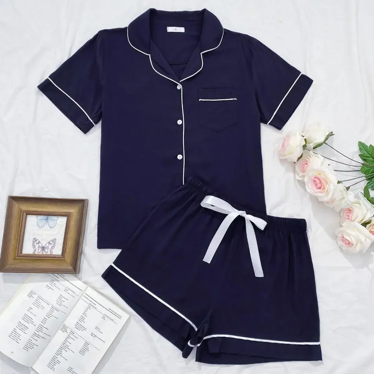 Summer Womens Pajamas Sets Short Sleeve Notched Collar Top Tee Button Down Elastic Waist Shorts Home Suit Loungewear Sleepwear 240930