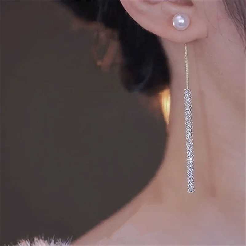 Korean Long Tassel Pearl Dangle Earrings for Women Luxury Full Rhinestone Gold Color Drop Earrings Wedding Party Jewelry GiftX240928