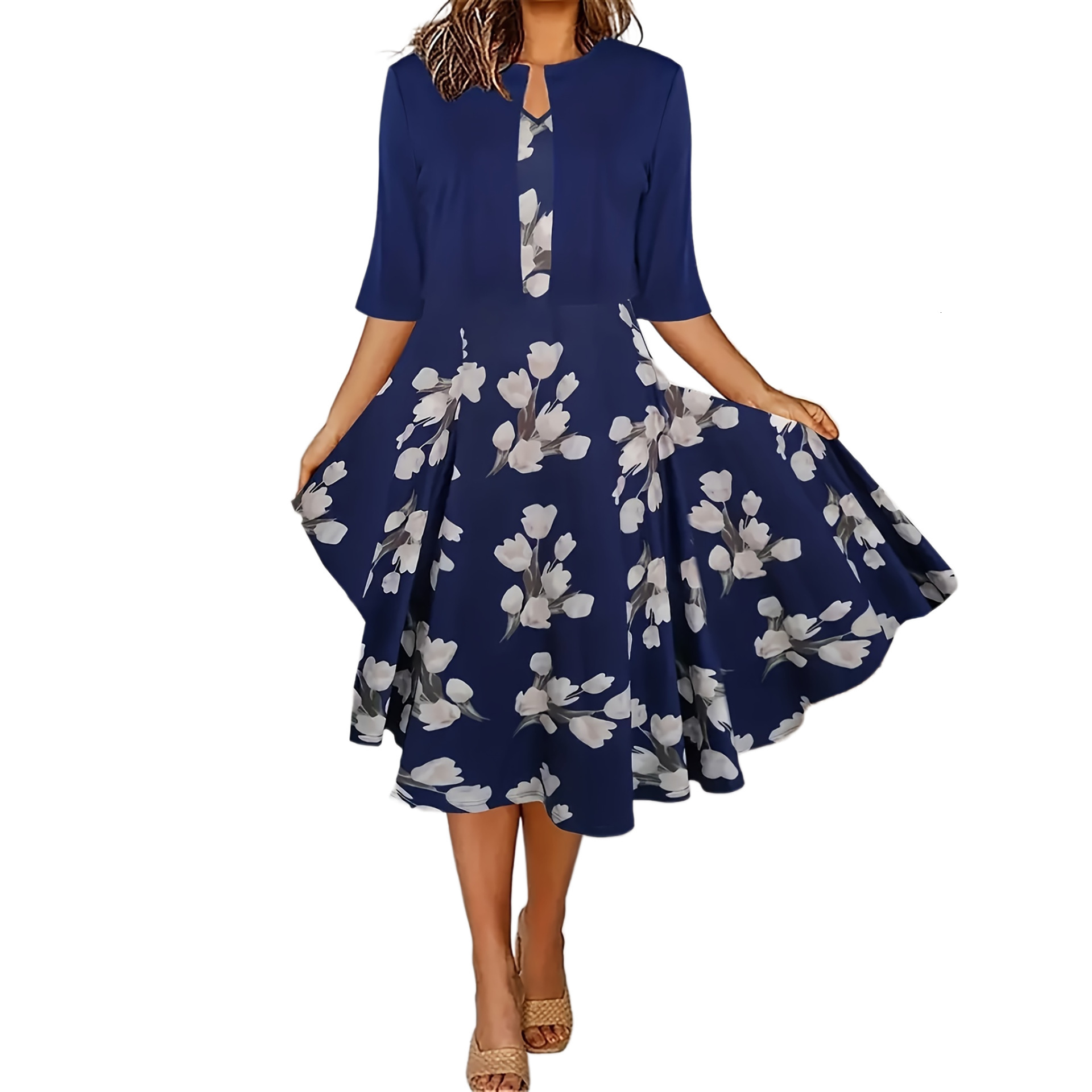 2024 European and American autumn new women's long dress two-piece set with floral print round neck jacket for women