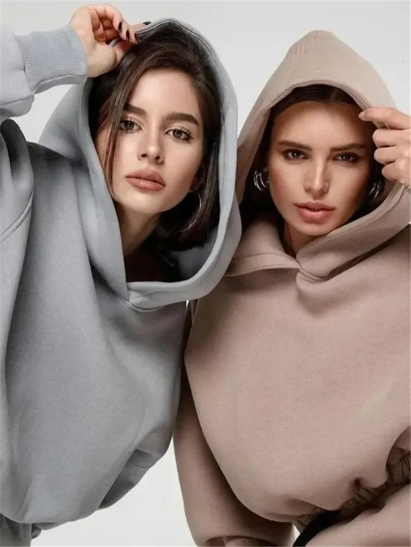 Womens Winter Two Piece Tracksuit Solid Color Set Autumn Trouser Sportswear Sports Hoodie 240927