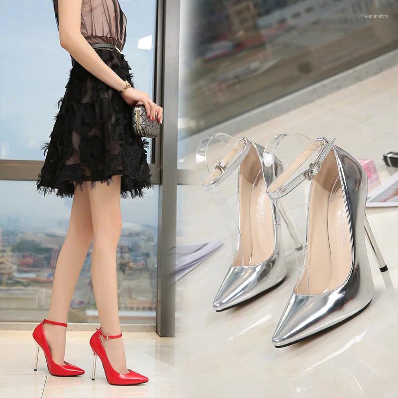 Dress Shoes Sexy Lady Extra High Heels Ankle Strap Pumps Women's 13cm Metal Heel Thin High-heeled Pointed Toe