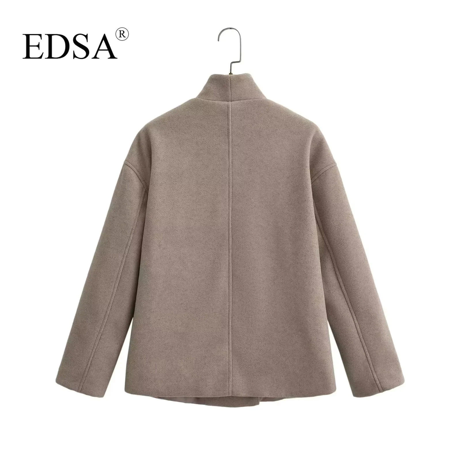EDSA womens solid color wool jacket doublelayer long sleeved loose suitable for office turtle neck half season 240924