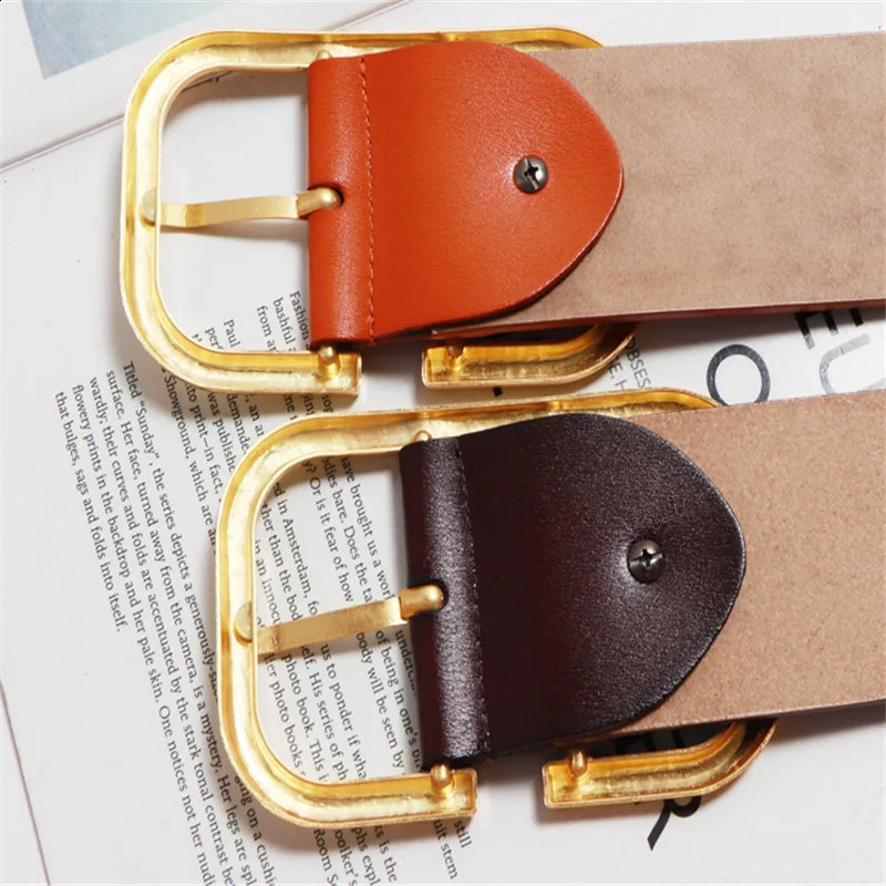 womens leather wide belt gold metal square buckle pin buckle jeans womens retro belt womens waistband 240925