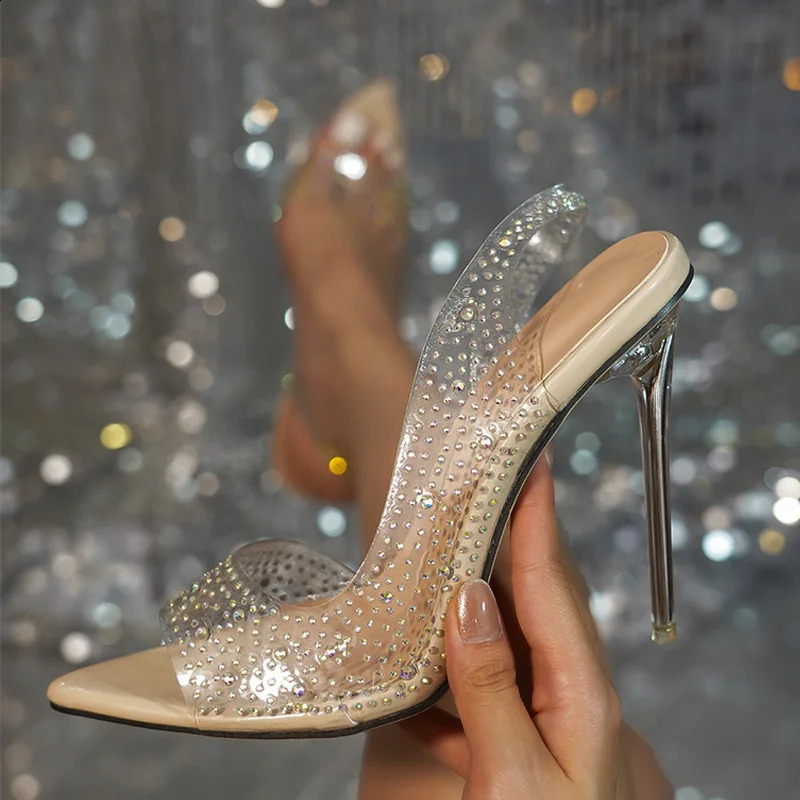 Liyke Crystal Water Dia PVC Transparent Womens Pump Sandals Perspex Stiletto Heels Pointed Toe Wedding Party Shoes 240