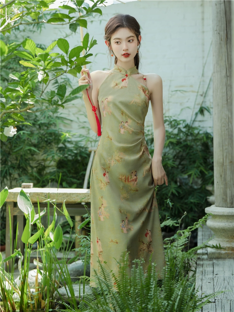 Summer Green Floral Hanfu-Inspired Sleeveless Cheongsam Dress for Women - New Chic Modern Chinese Style