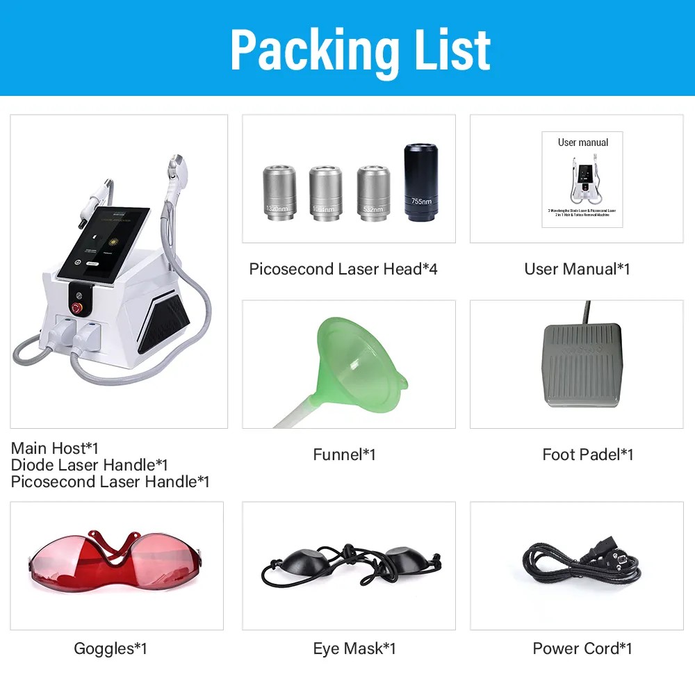 New Diode Laser 755 808 1064 Ice Hair Removal + Picosecond No Fast Tattoo Removal Pigment Correction Anti-acne Freckle Mole Lightening 2 Handles Machi