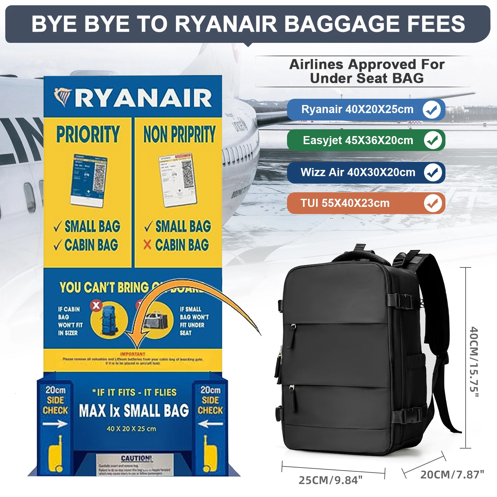 Mens Large Travel Backpack Ryanair 40x20x25 Cabin Bag for Women Airline Approved Waterproof Laptop Backpack Executive Work Bag 240924