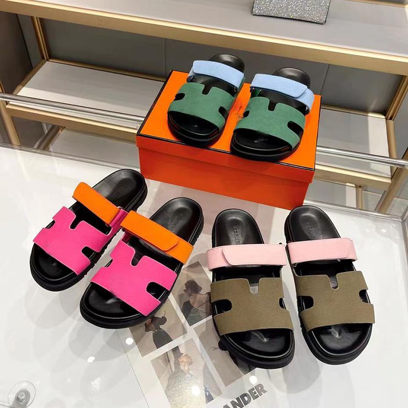 Womens Summer Flat bottom Slippers Flip Flops Designer women Sandals Low Heel Beach Walk Sliders shoes chunky Couple genuine Leather with bag box size 35-45