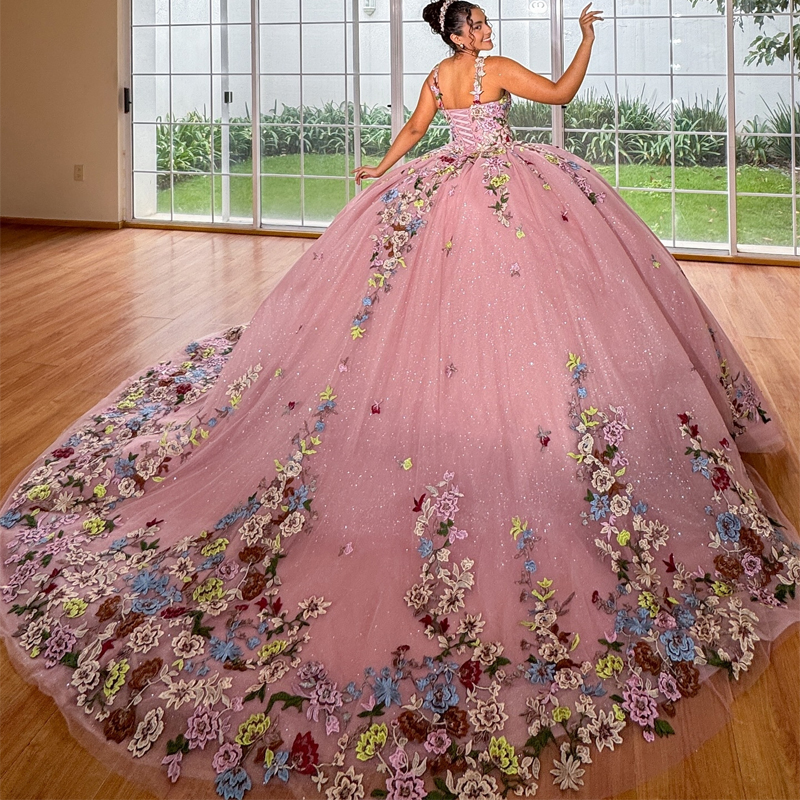 Pink Shiny Quinceanera Dresses Lace Appliques Tull Spaghetti Strap Ball Gown Party Birthday Sweet 16 Years Old Vestidos De 15 Anos