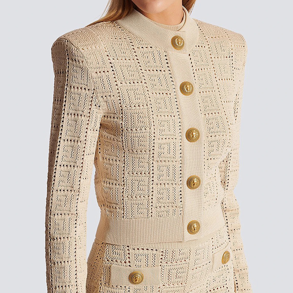 SML High Quality Fashion Elastic Knitted Fabric Labyrinth Hollow Round Neck Single breasted Long Sleeve Slim Fit Women Cardigan 240930
