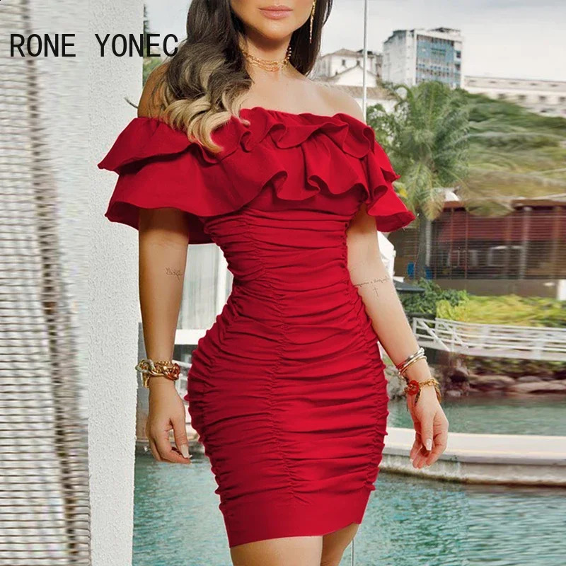 Women Elegant Off Shoulder Cascasing Ruffle Hem Folds Mini Bodycon Party Dresses 240929