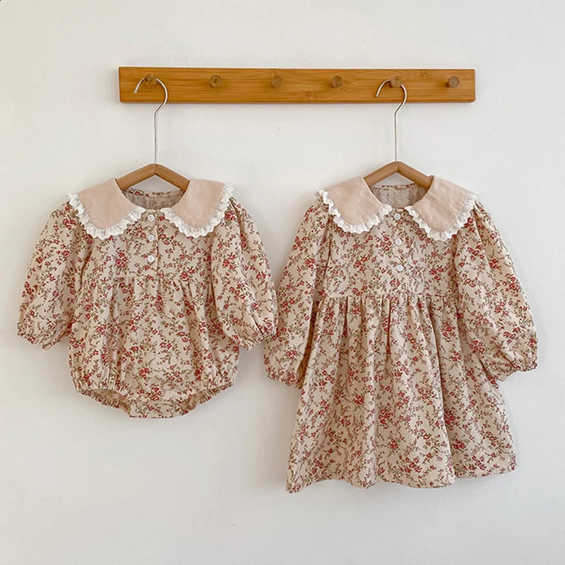 Baby clothes jumpsuit Spring autumn long sleeve baby collar flower children girls dress family matching sisters 240926
