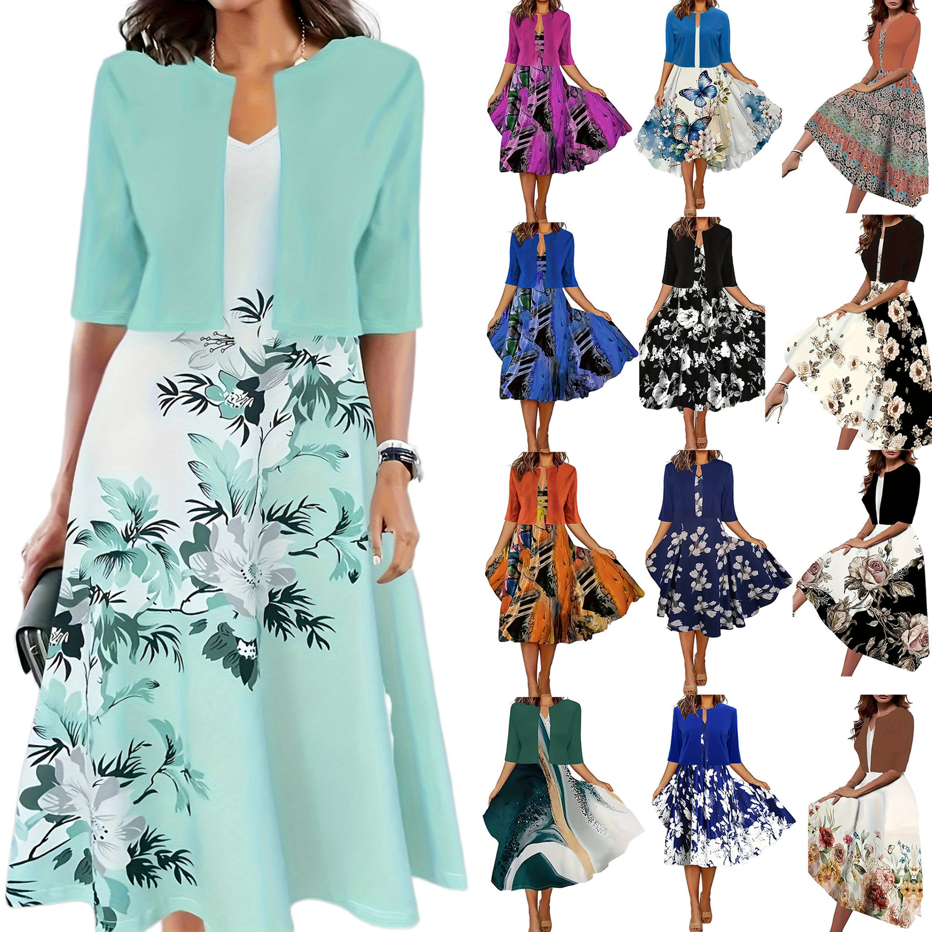 2024 European and American autumn new women's long dress two-piece set with floral print round neck jacket for women