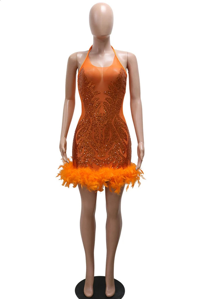 Beyprern Beautiful Mesh Sequin Feather Glam Dress Woman Party Glitter Sleeveless Night Out Dresses Birthday Outfits 240929