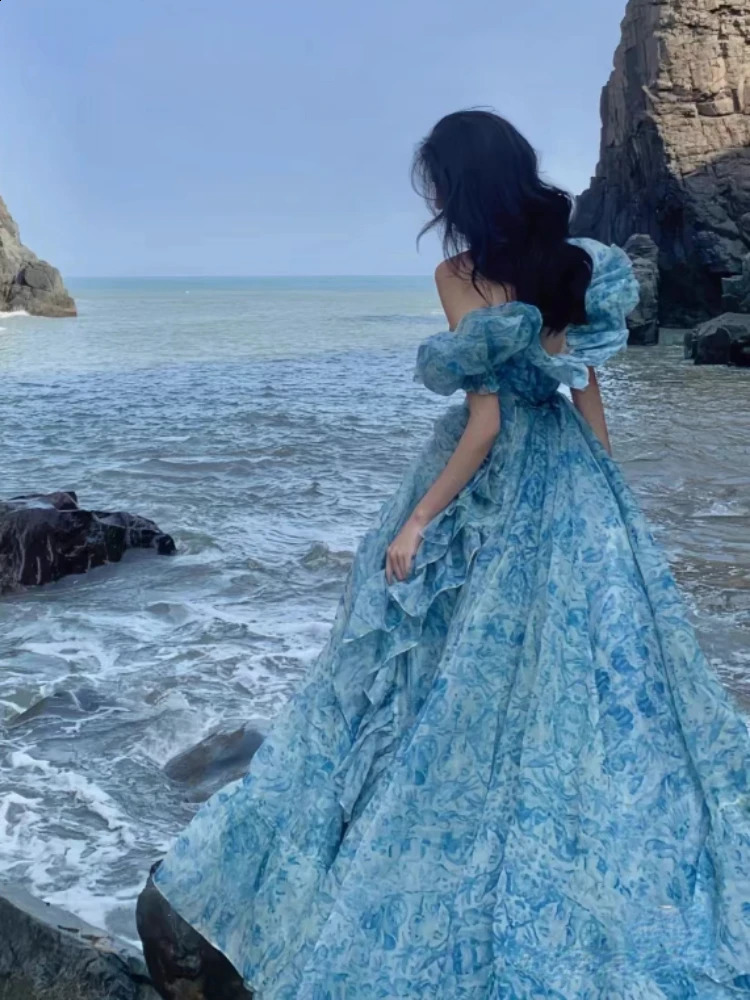 2024 Spring Princess Elegant Dres Puff Sleeve Print Y2k Evening Party Dress Female France Vintage Chic Irregular Clothes 240929