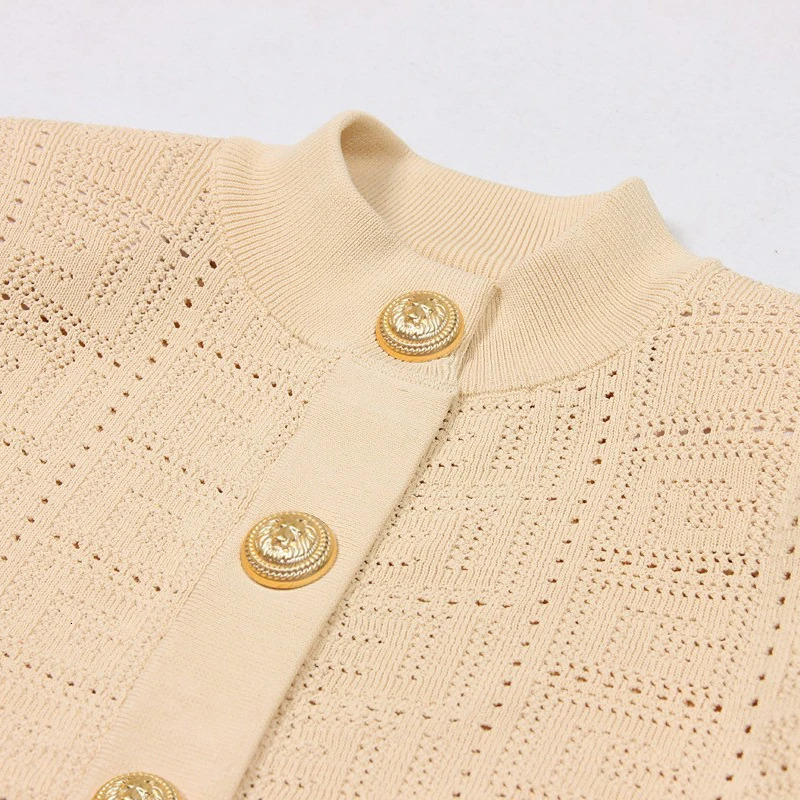 SML High Quality Fashion Elastic Knitted Fabric Labyrinth Hollow Round Neck Single breasted Long Sleeve Slim Fit Women Cardigan 240930