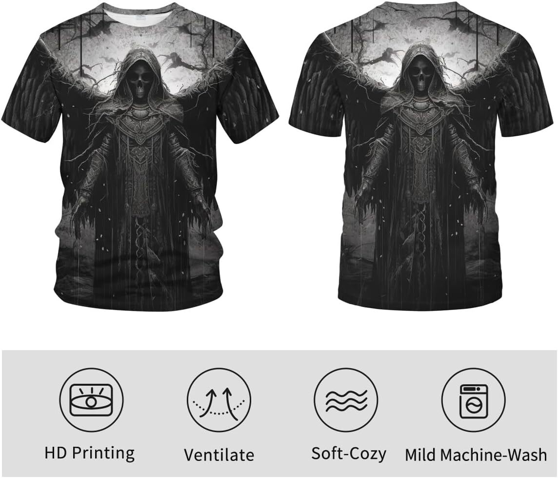 Mens T shirt Gothic Psychedelic Skull Graphic Short Sleeve Sword Winged Skeleton King Shirt Tee graphic tee Casual tops summer clothes Short sleeve