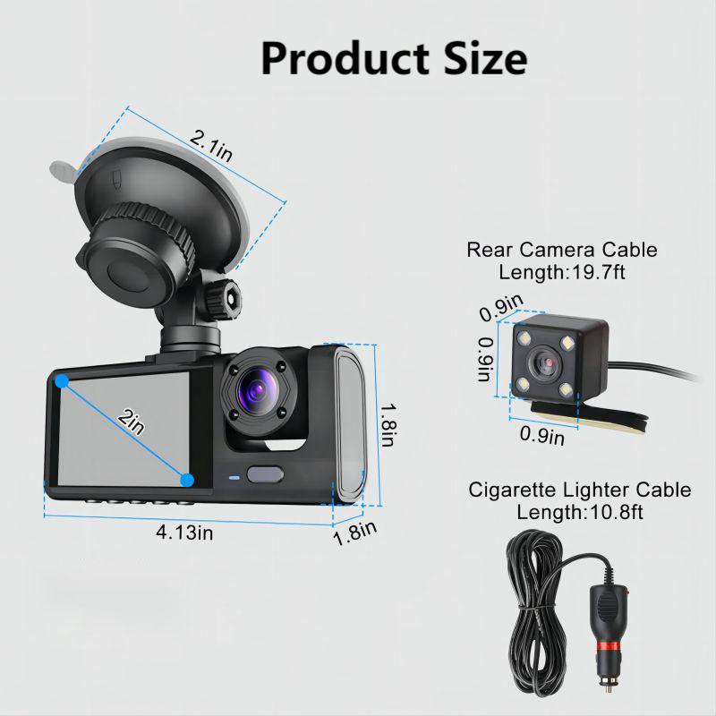 1080P HD Car DVR 3 Channel Dash Cam Front and Rear Inside Auto Camera Video Recorder 170° Wide Angle IR Night Vision Loop Recording Motion Detection 2